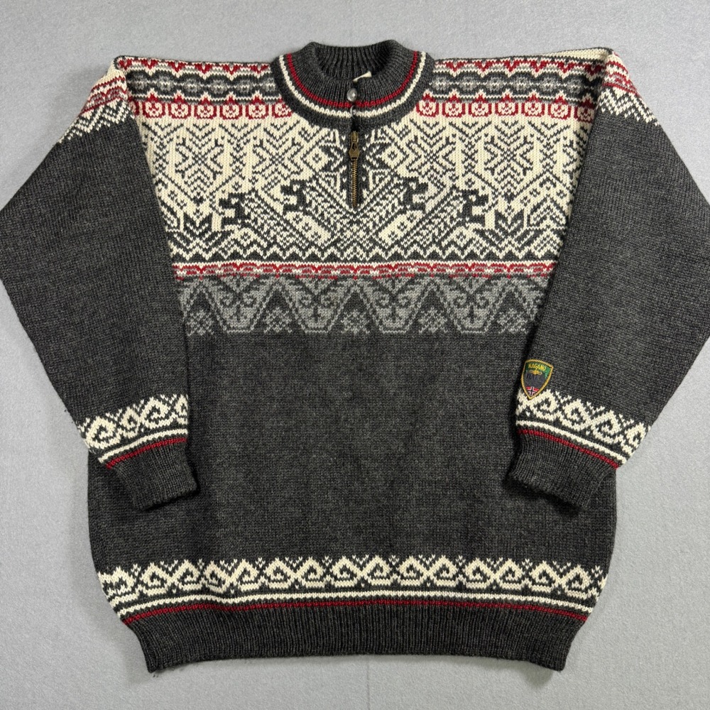 Dale Of Norway Nagano Olympic Sweater Fair Isle Men L Grey Wool 1/4 Zip 1998 VTG - Picture 2 of 9